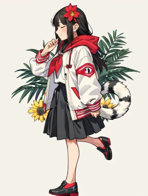 (masterpiece, high quality:1.4), BREAK,
1girl, solo, full body, , animal, bag, black hair, blush, closed eyes, closed mouth, flower, hair flower, hair ornament, hood, hood down, hooded jacket, jacket, letterboxed, long hair, long sleeves, neckerchief, pants, profile, red ribbon, ribbon, scarf, shoes, skirt, smile, standing, tail, white jacket, winter