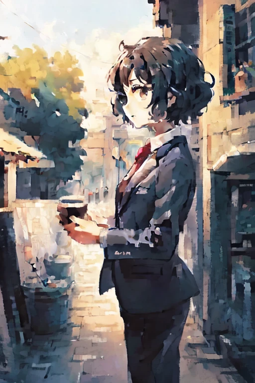 1girl,solo,pupils,black hair,curly hair,short hair,suit,coffee house,