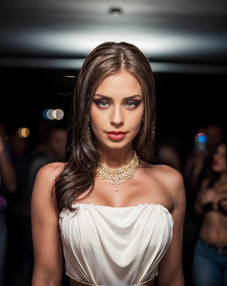 cinematic photo realistic, <lora:quiron_JoyKiss_v1_Lora:0.87> JoyKissQuiron woman, a woman,, ,realistic,intricate detailed, flash photography, realistic, amazing photo of a pretty woman wearing shepherd clothes, makeup, at blurred background crowded nightclub party background, . 35mm photograph, film, bokeh, professional, 4k, highly detailed