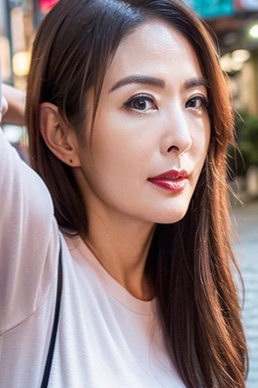 Best quality,masterpiece,ultra high res,(photorealistic:1.4),1girl,low key,slim body,japanese street alley,dynamic pose,face closeup,<lora:janet_chia:1>,makeup,lipstick,
