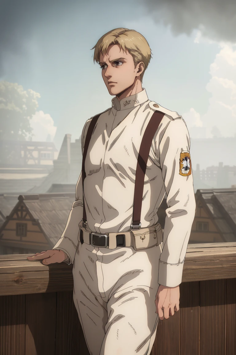 solo male, Colt Grice, blond hair, light hazel eyes, tall, white Marleyan soldier uniform, (standing collar, mandarin collar, light collar:1.2), light pants, (black suspender straps, black belt, supply packs), tall combat boots, young, handsome, charming, alluring, perfect anatomy, perfect proportions, best quality, masterpiece, high_resolution, standing, upper body, dutch angle, cowboy shot, photo background, germany city, day, ((wide avenue, high timber frame townhouse, historical building)), battlefield, steamy, smoky, sad, backlight, golden light<lora:EMS-326009-EMS:0.800000>