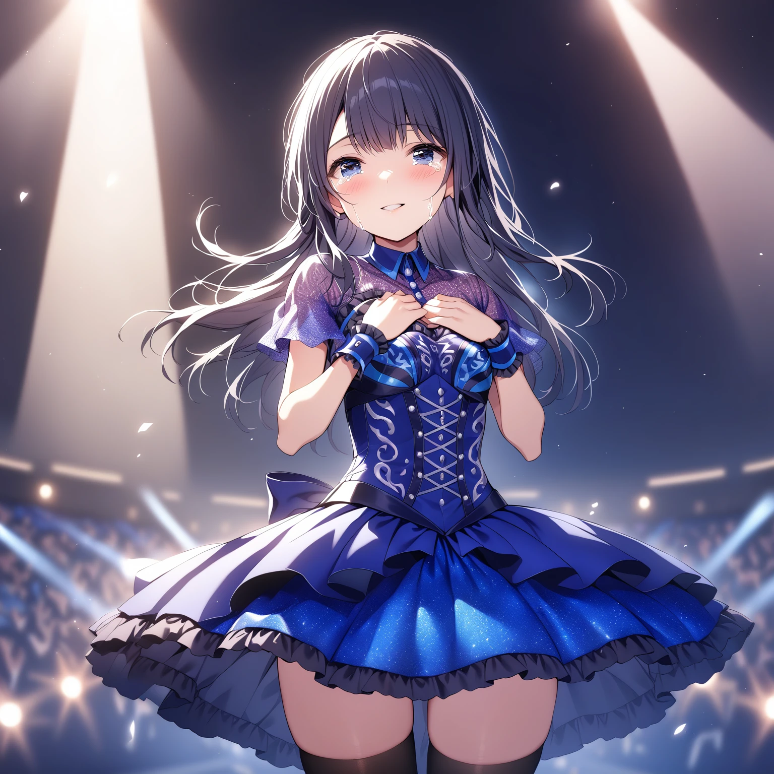 [high quality, best quality], cinematic, 1girl, solo, nagase kotono, idol costume, black thighhighs, hands on own chest, looking at viewer, crying with eyes open, happy tears, smile, blush, parted lips, on stage, bloom, hdr, <lora:ktn:0.72>