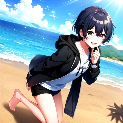 <lora:Aoi_Miyake-1:0.7>, miyakeaoi, looking at viewer, smile, open mouth,shirt, long sleeves, hair between eyes, jacket, :d, outdoors, open clothes, sky, shorts, barefoot, day, cloud, hood, open jacket, blue sky, beach, black shorts, cloudy sky, blue jacket, hooded jacket, lens flare, running, watch, sand, wristwatch