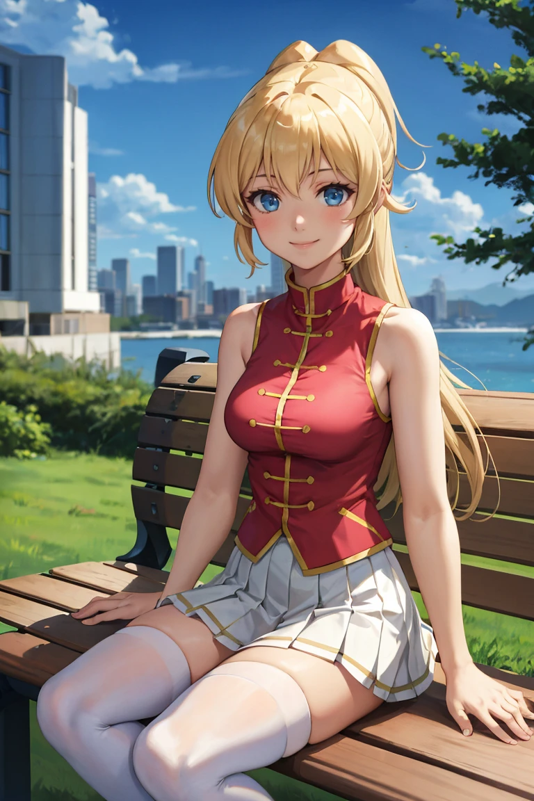masterpiece, best quality, absurdres, 1girl, solo, AsteriaBase, long hair, ponytail, red shirt, sleeveless, white skirt, white thighhighs, sitting, outdoors, bench, smile, <lora:YuinshielAsteria:1>
