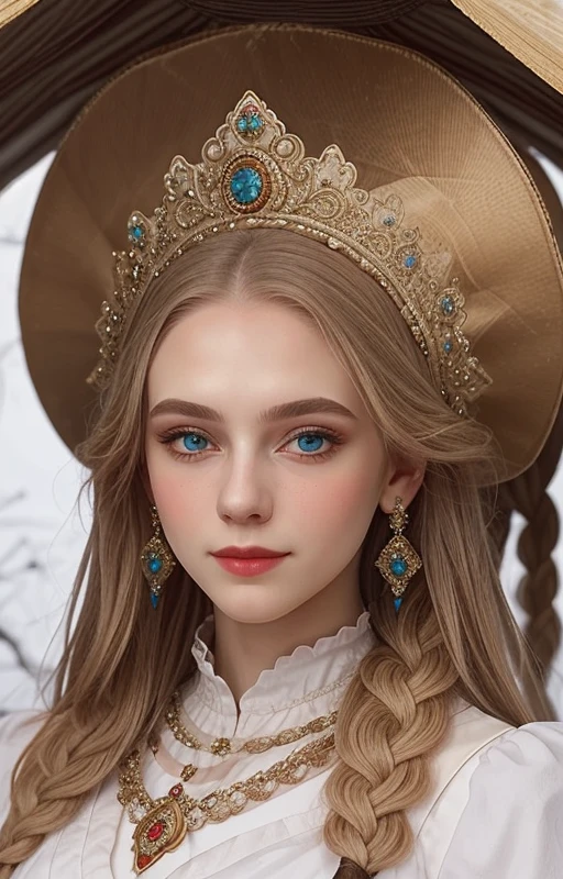 8k, UHD, photorealistic full-body vintage portrait, beautiful Russian young woman, 22yo, blonde, hairstyle of two braids, in a long Russian national vintage costume of XVI century, decorated with precious stones, in the Russian hut, ((detailed face, very detailed animate eyes, correct round pupils, detailed hair)), ((Russian solid high kokoshnik)), friendly expression on her face, ((detailed skin, visible pores on the skin)), ((slender beautiful figure)), correct anatomy, make-up, against the background of Russian nature, DSLR, Nikon Z 55 mm, depth of focus, detailed background
<lora:kks-fan:1> kks_f4n, smirk, inviting pose
<lora:ClothingAdjuster3:-1>