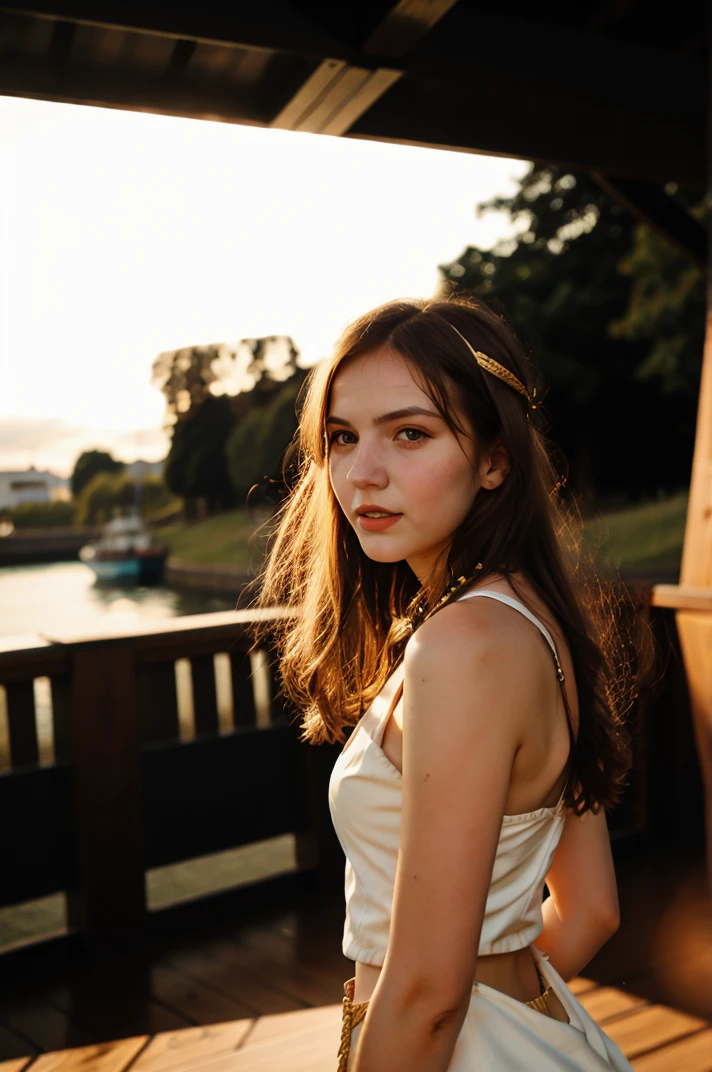 tv_Generic_25yo_Russian, , haughty expression, wearing a pirate costume, on the deck of a pirate ship, in the golden hour, fire, smoke, debris, ((full body shot)),