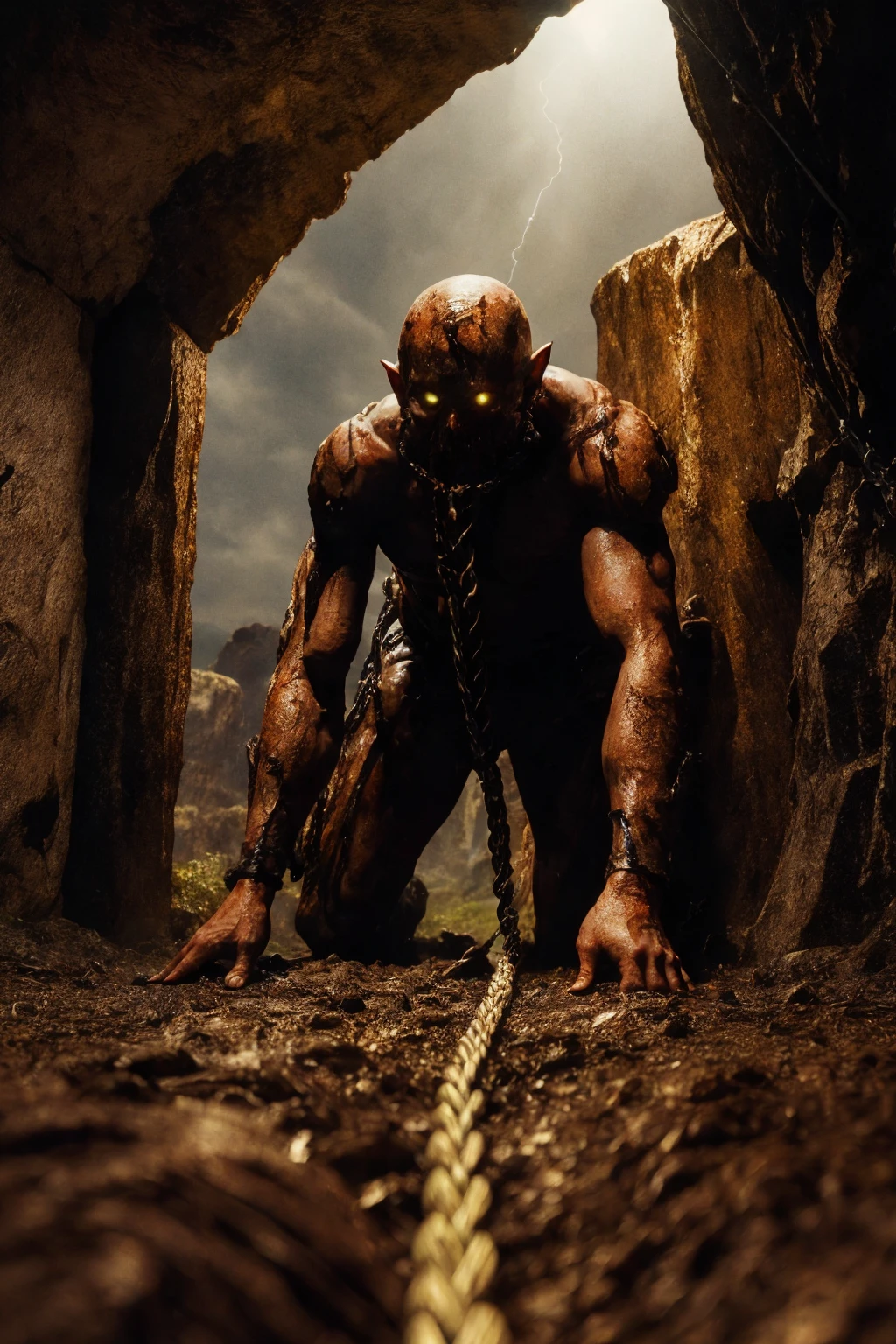 In the style of Monster,Troll,Moldy ragged suit crawling with maggots, glowing eyes, (Tying rope),(chain:0.5),Rocky cliffs,Uncontrollable terror,Aberrant,(Lightning flashing through window),Fungus,Point-of-view shot,sharp,