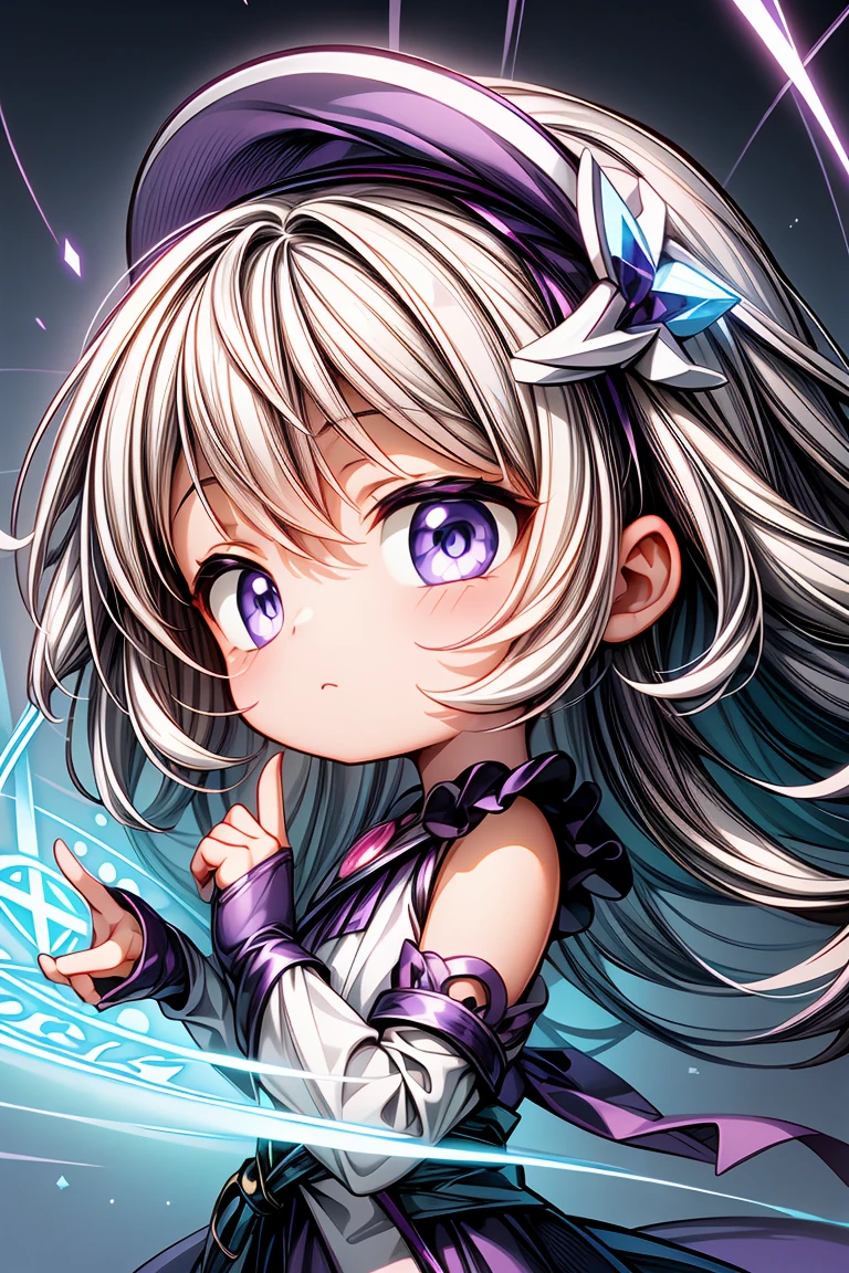 professional_artwork,best_quality,(white and purple theme:1.3),1girl,solo,(cute,kawaii,petite,chibi:1.2),closed_mouth,tabard,shoulder_sash,((Detailed)), ((Masterpiece)), ((Impressive)), ((Magic Circle)), ((Elegant)), ((Mind-blowing)), ((Phenomenal)), anime, Shojo, Drama, digital artwork, Digital masterpiece, Digital masterpiece, Digital illustration, neon light, Neon illumination, Electrifying light, Vibrant glow, 35mm, Panoramic view,Illustration,Cover,enigmatic figure,crystals adorning hair,dreamlike swirl,pastel hues,soft light,evoking calm serenity and elusive beauty,Non-representational,colors and shapes,expression of feelings,imaginative,highly detailed,shoulder_sash,purple_trim,grey_eyes,fingerless_gloves,headwear,close-up,looking_at_viewer,from_side