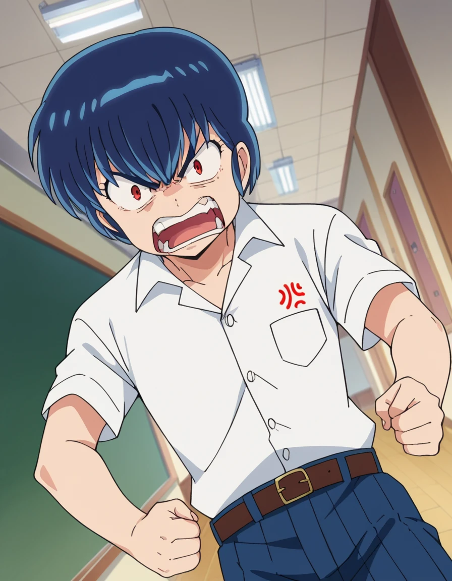 score_9, score_8_up, score_7_up, source_anime,
ryuunosukefujinami, <lora:ryuunosuke-fujinami-ponyxl-lora-nochekaiser:1>,
ryuunosuke fujinami, short hair, blue hair, red eyes, angry, anger vein, shouting, open mouth,
shirt, school uniform, white shirt, short sleeves, collared shirt, belt, pants,
indoors, classroom, hallway,
looking at viewer, cowboy shot, dutch angle,