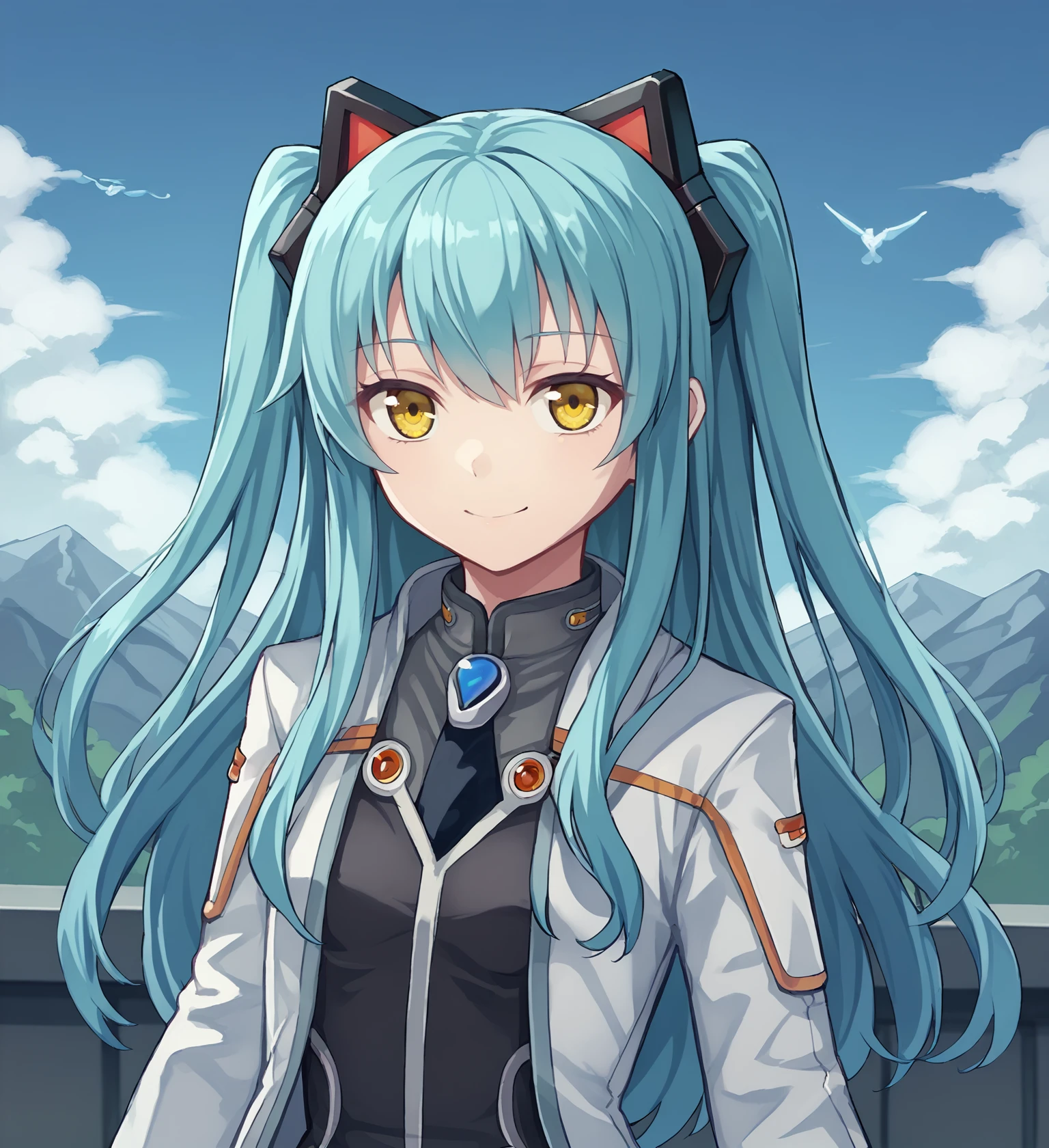 score_9, score_8_up, score_7_up, score_6_up, score_5_up, score_4_up, BREAK source_anime,
<lora:TrailsOfColdSteel-Guests:0.9>, Tio Plato, yellow eyes, aqua hair, long hair, two side up, small breasts, fake animal ears, lab coat, black dress, pleated skirt, black thighhighs, grey boots,
OUTDOORS, SKY, CLOUDS, DISTANT MOUNTAINS,
looking at viewer, smile, upper body, portrait, front view,