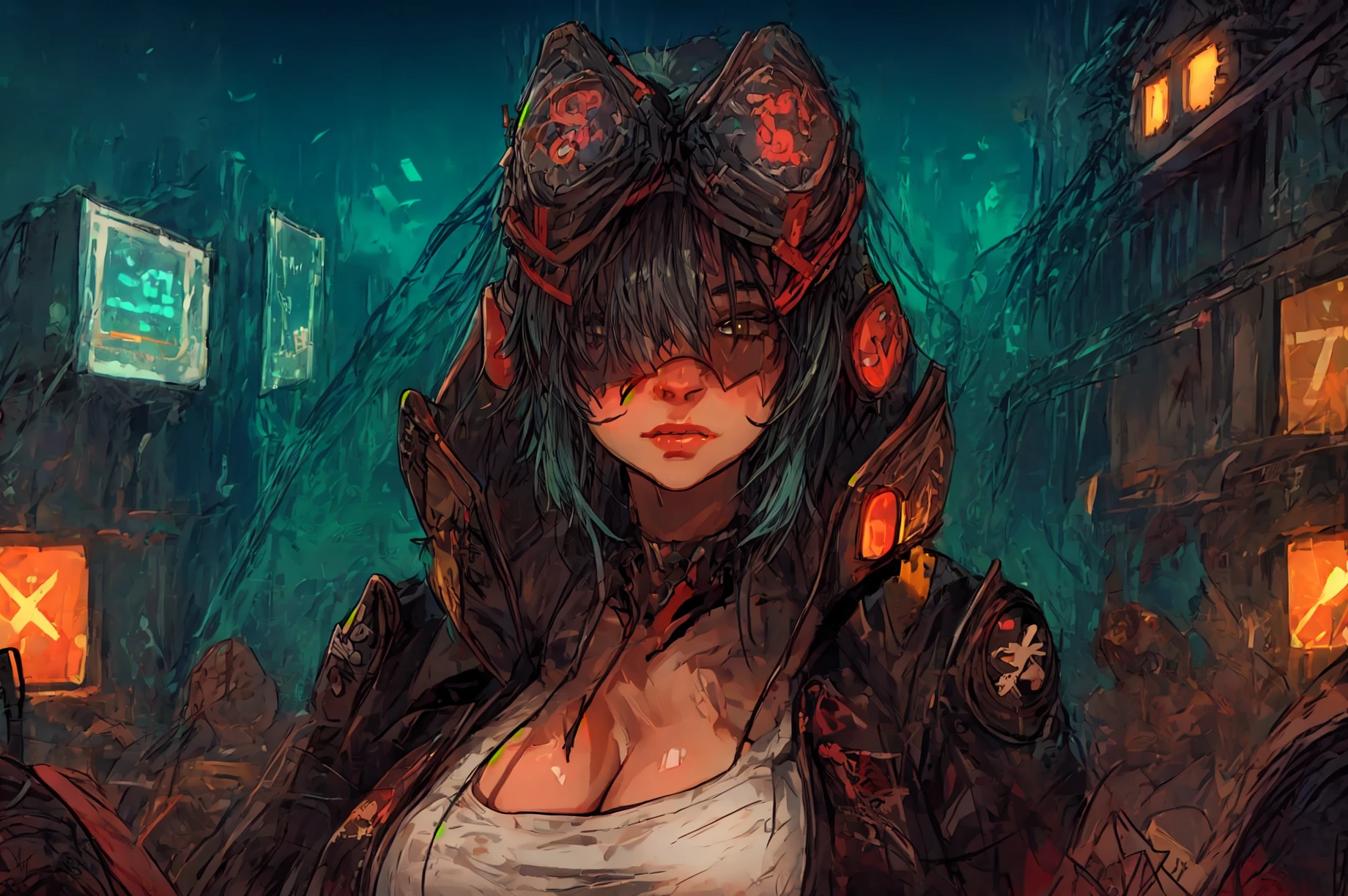 (masterpiece, best quality, ultra detailed, beautiful illustration), 1girl, cyberpunk, sci-fi, (huge breasts:1.1), cinematic, oversized jacket, cleavage, seductive pose,atmospheric perspective, depth of field, bare shoulders,sexy, (outdoors, cyberpunk city, neon lights), fish eye