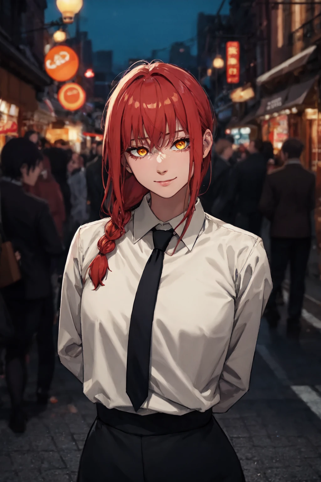 absurdres, [perfect shadows, masterpiece, attentive, high quality, detailed, extremely detailed, 4K, high definition, intricate, cinematic, 8k, ultra quality, 8K UHD,official art, illustration, 1girl, aged_up, solo, looking at viewer, makima, red hair, braided ponytail, yellow eyes, ringed eyes, white shirt, necktie, black pants, <lora:Makimalxl:0.7>, smug, city, street, <lora:LowRA:0.4>, night, dark, shadow on face, cinematic scene, arms behind back, anime, manga, upper-body