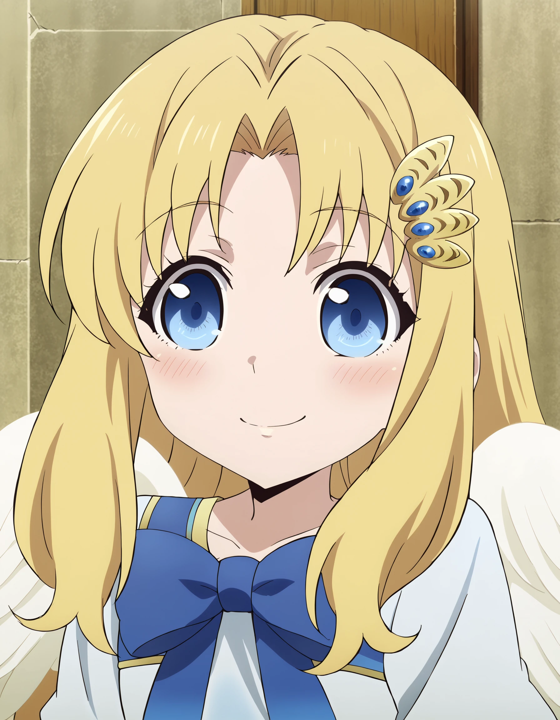 score_9, source_anime, anime coloring, <lora:MeMaXL_V2:0.8>, <lora:FilocXLPonyV1-000009:1>, filoc, 1girl, solo, white dress, blonde hair, blue eyes, angel wings, blue bow, (anime screencap:1.3), upper body, looking at viewer, blush, hair ornament, standing,  happy, smile,