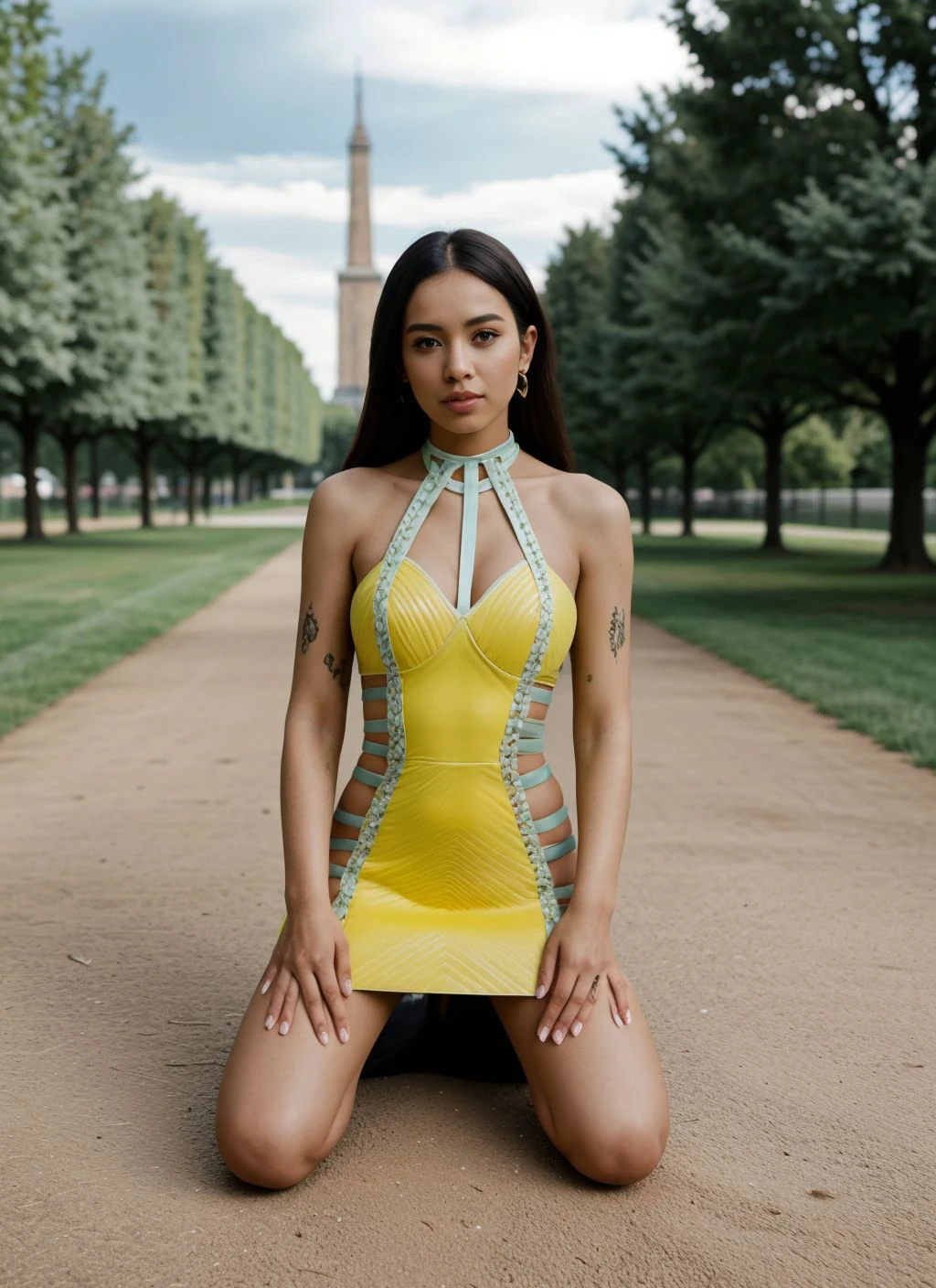 photo of a slender woman, kneeling in a park, wearing a yellow Neckholder Dress, <lora:CrunchyBanana_Rave_Dress_134:1>