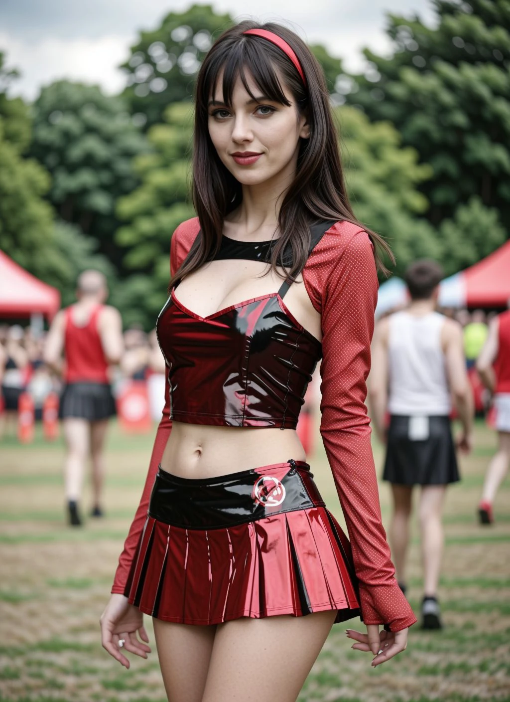 photo of a slender woman, wearing a red printed pvc top and skirt, cleavage, dancing at an outdoor music festival, <lora:CrunchyBanana_Printed_Top_Skirt:0.8>