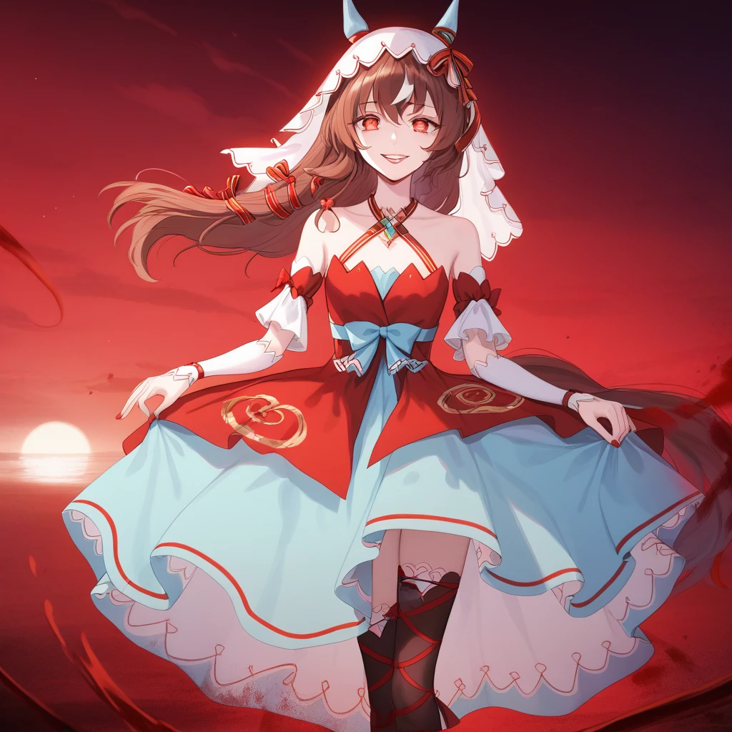 score_9, score_8_up, score_7_up, source_anime BREAK
(dusk, dim light, the setting sun, red_theme,evening glow), wide_shot,
1girl, solo, red eyes, bare shoulders, small breasts, horse ears, horse tail, bangs, eyebrows visible through hair, long brown hair, streaked hair, hair between eyes, hair scrunchie,
smiling, yandere trance, evil smile, empty eyes, crazy eyes, (dark:1.4), blood_lipstick, (red_nail:0.8), blood vessels, (dark_background:1.4), dress lift,
veil, ribbon, bow, red bow, cyan bow tie, detached sleeves, criss-cross halter, jewelry, red nails, red and cyan dress, black thighhighs, thighlet, ribbon leg wrapping, red footwear,
<lora:StillinLove_XL_try:1>,