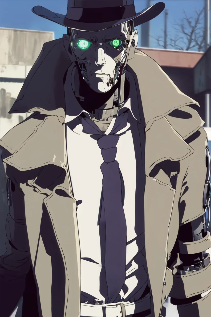 (masterpiece),best quality,(1990s (style)),(retro artstyle),a man with a hat and a tie and a jacket,cyborg,green cyber eyes,serious emotion,<lora:nickval:0.9>,a man with a hat and a tie and a jacket,