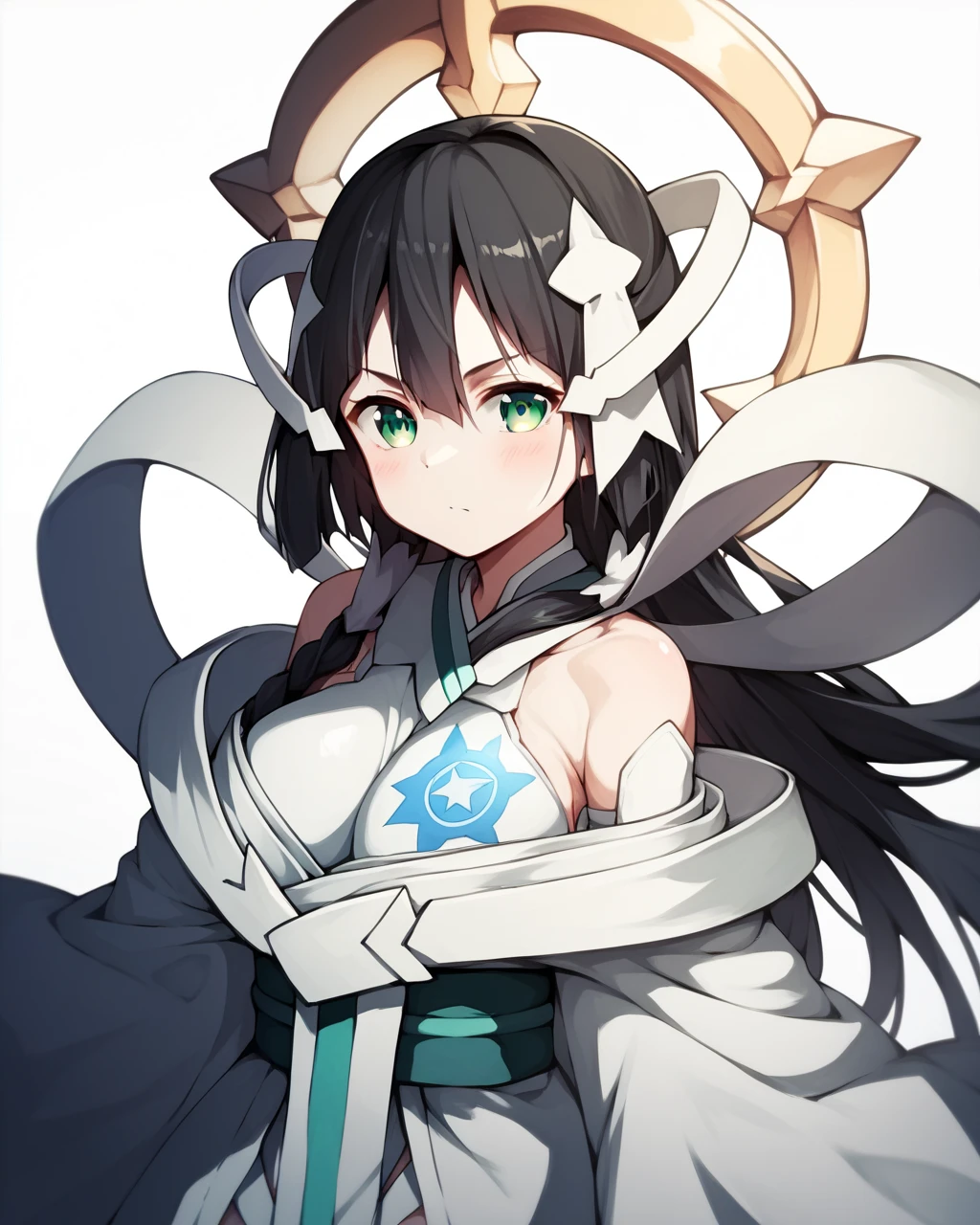 score_9, score_8_up, score_7_up, score_6_up, score_5_up, score_4_up, BREAK source_anime,
<lora:Tougou_mimori_Mankai_PONY:1>,1girl, solo, long hair, black hair, hair ornament, green eyes, hair between eyes, bangs, hair ribbon, white gloves, detached sleeves, bare shoulders,white thighhighs,magical girl,