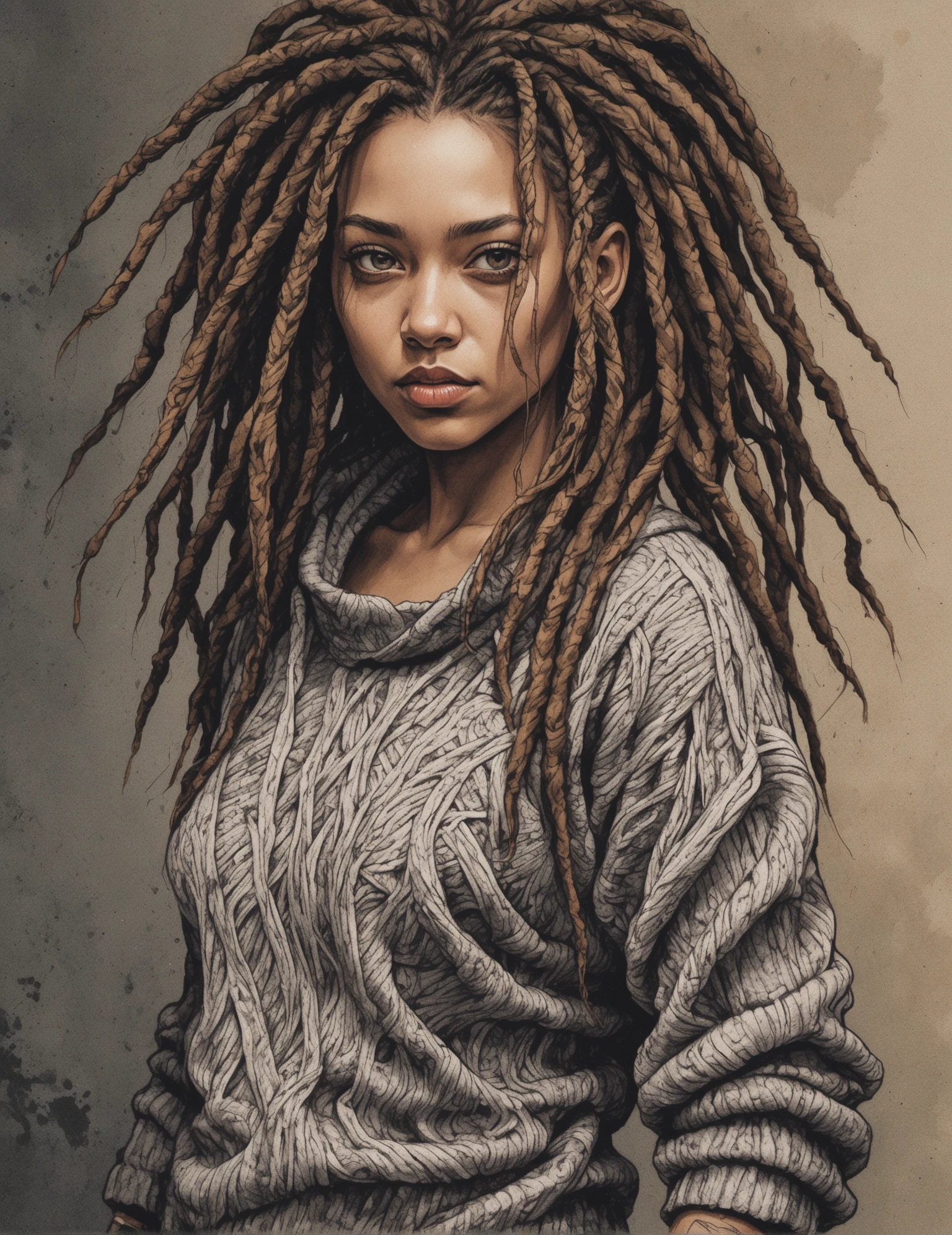 Close-up ink drawing, (Angular Restricted Waist:1.3), Balanced triangle pose, Unique coloring, (Intricate dreadlocks:1.2), Chunky knit sweater style, Bold expression, (Captivating gaze:1.2), Side lighting accents, Rich contrasts, Detailed knit textures, Eerie asylum background