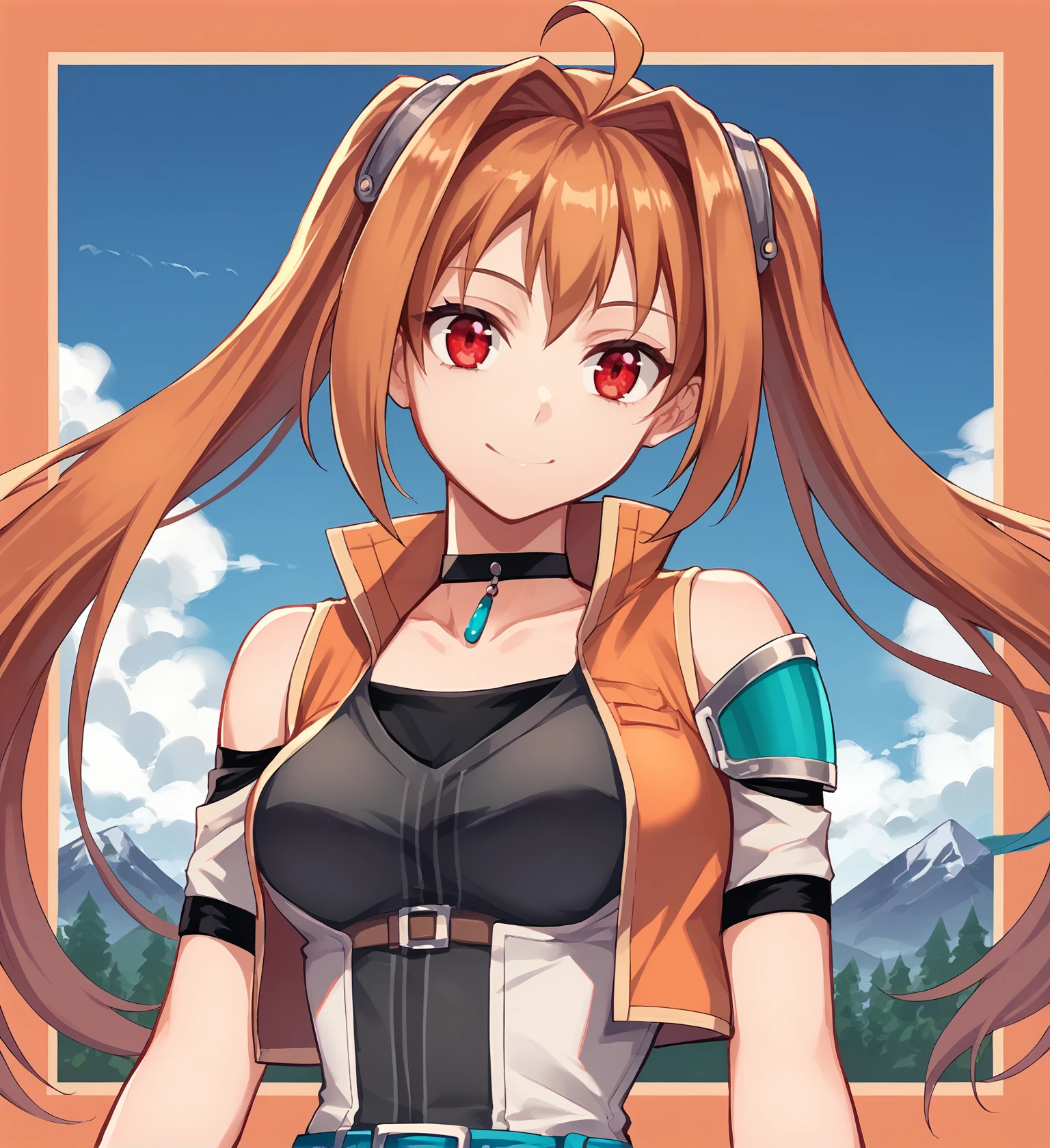 score_9, score_8_up, score_7_up, score_6_up, score_5_up, score_4_up, BREAK source_anime,
<lora:TrailsOfColdSteel-Guests:0.9>, Estelle Bright, orange hair, twintails, ahoge, red eyes, medium breasts, choker, single pauldron, orange jacket, black shirt, miniskirt, belt, spats, black thighhighs,
OUTDOORS, SKY, CLOUDS, DISTANT MOUNTAINS,
looking at viewer, smile, upper body, portrait, front view,