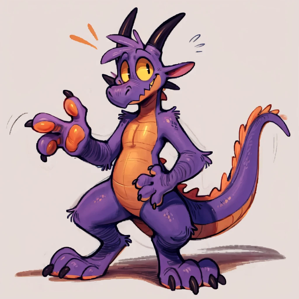 toony, solo, scalie, anthro, dragon, orange irises, male, paws, simple background, black nose, white background, smile, yellow sclera, hi res, purple body, blue fur, by zackary911, by stalvelle, by orlandofox, [by squishy], btets <lora:btets_v1.0_:0.7>