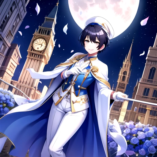 <lora:Aoi_Miyake-1:0.7>, miyakeaoi, looking at viewer, smile, short hair, gloves,  hat, flower,pants, white gloves, cape, petals, night, rose, white headwear, moon, staff, building, night sky, full moon, blue flower, white pants, clock, blue rose, white cape, tower, clock tower