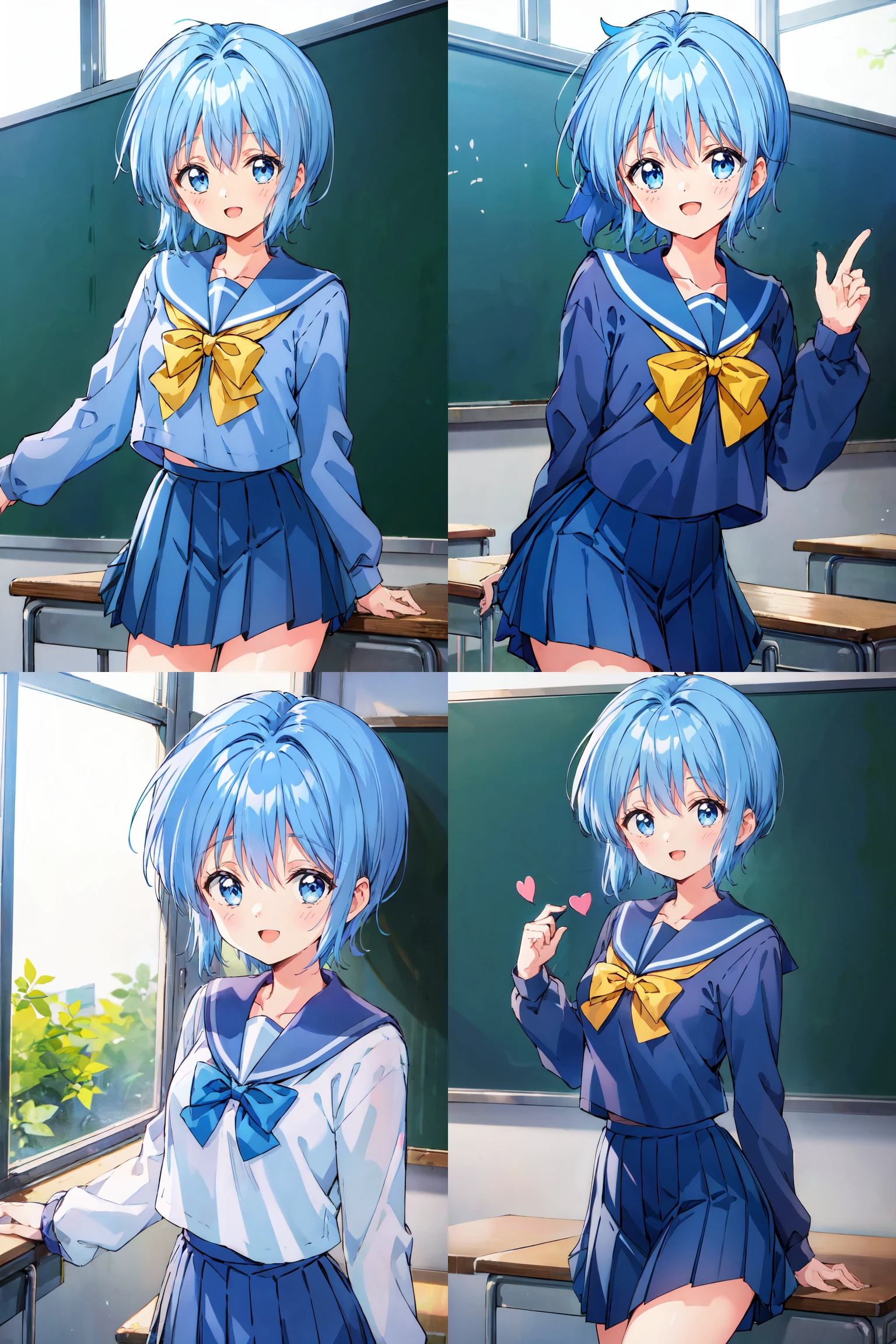 best quality,masterpiece,1girl,Saki Nijino,<lora:yl^ - Saki Nijino (0h0M00M00000 Tokimeki Memorial) 0020:0.8>,solo,chalkboard,blue hair,blue eyes,school uniform,skirt,retro artstyle,open mouth,yellow bow,pleated skirt,short hair,serafuku,1990s (style),long sleeves,smile,bow,looking at viewer,blue skirt,indoors,heart,sailor collar,classroom,bowtie,bangs,cowboy shot,