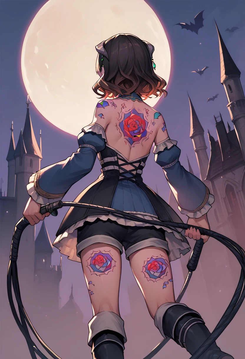 score_9, score_8_up, score_7_up, source_anime, 1girl, from behind, <lora:MiriamBS-pdxl:1> miriamBS, short hair, hair ornament, horns, back, tattoo, dress, detached sleeves, shorts, boots, holding whip, full moon, vampire castle, bat \(animal\)