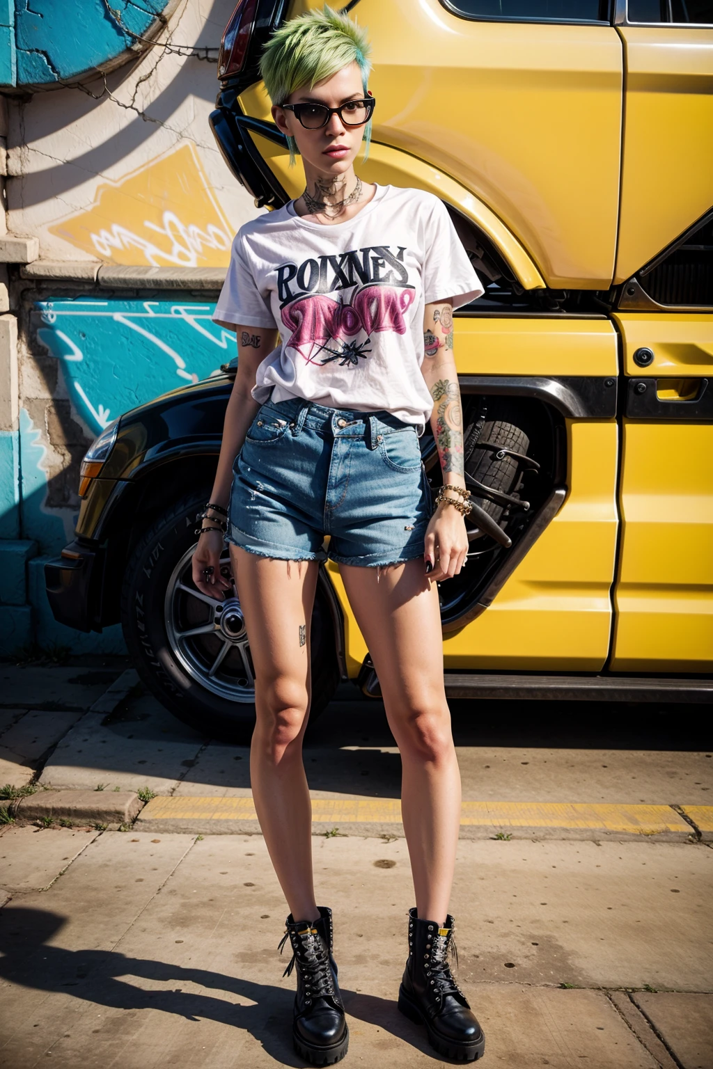 <lora:LemonWorld:1> (LemonWorld:0.7) 1woman (punk shirt and short jeans:1.3) (sexy skinny:1.3) (writer grafitti:1.2)
