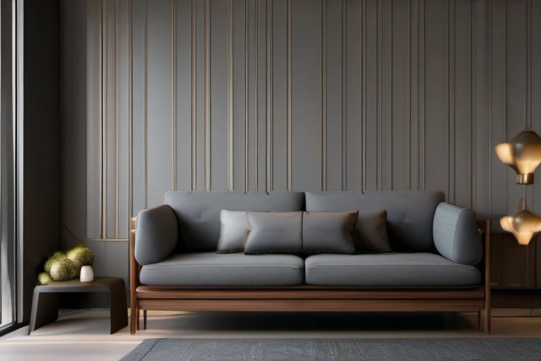 sofa， black walnut, gray fabric cushion, photo taken with nikon d750,  exacting precision, super high detail, 3d,  photo realistic, natural lighting, good sofa legs and arms 
