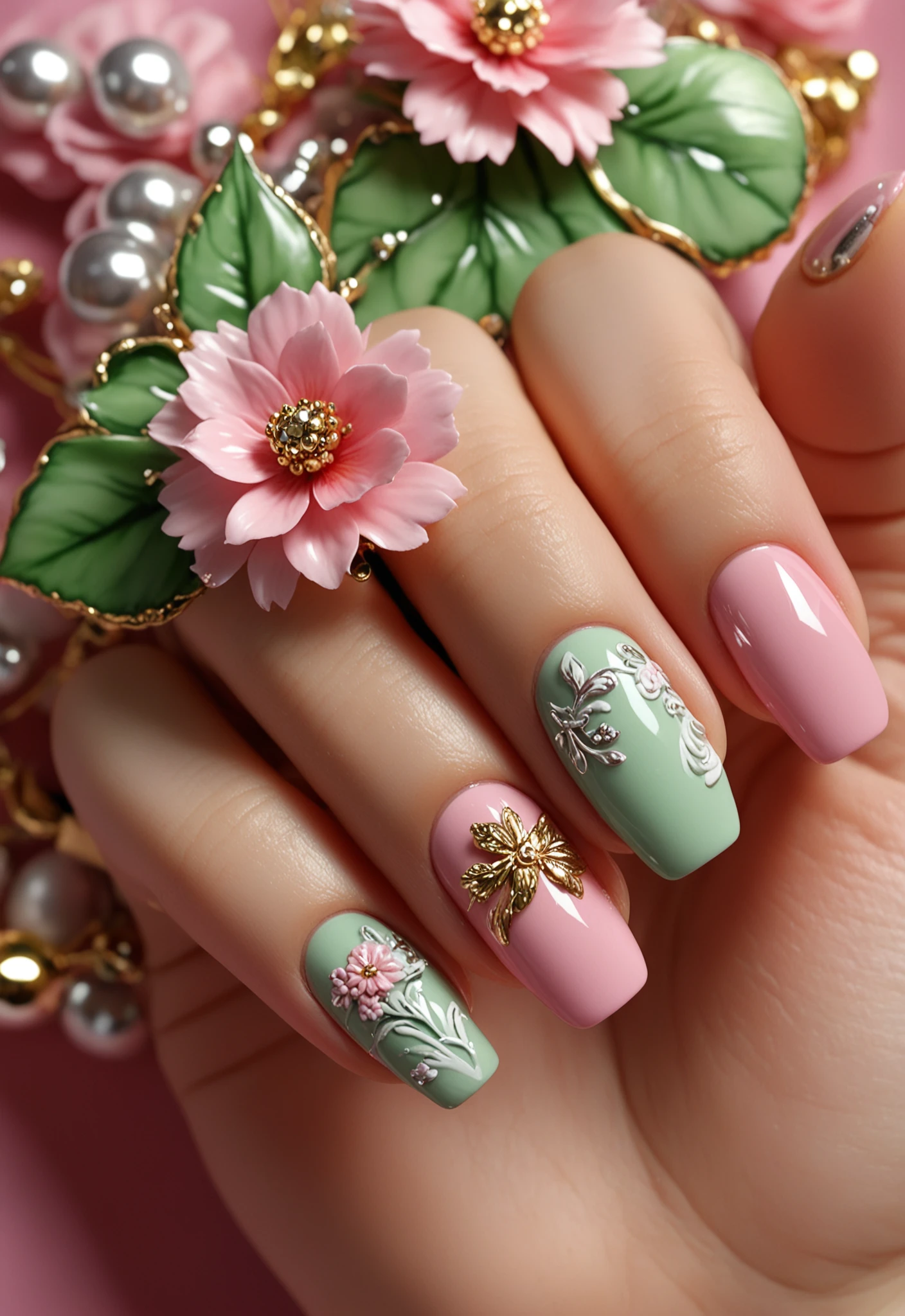 pink flowers with silver ornaments on a pink nail, in the style of hyper-realistic sculptures, golden hues, close up, porcelain, anastasiya dobrovolskaya, dark white and light green, 8k
