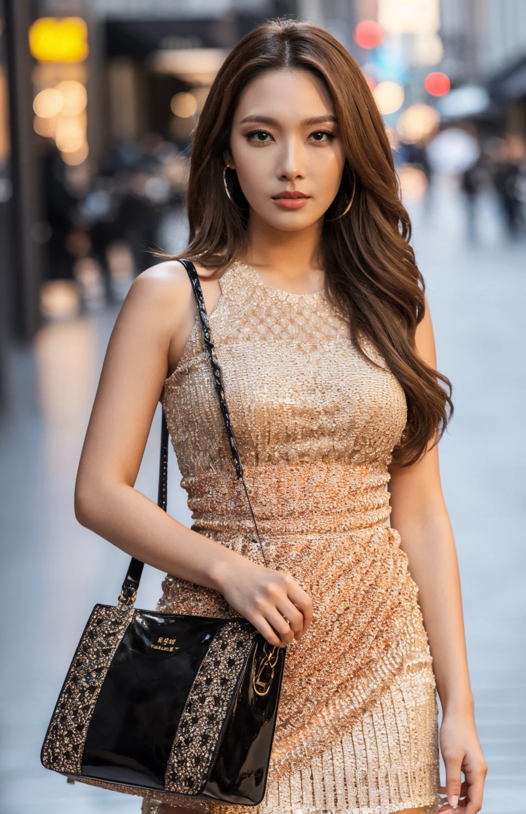 4k, 8k, ultra highres, raw photo in hdr, sharp focus, intricate texture,realistic, detailed facial features, highly detailed face, posing,perfect lighting,long hair,standing,full body,dress,handbag,simple background,<lora:Somin2:0.7> Somin2