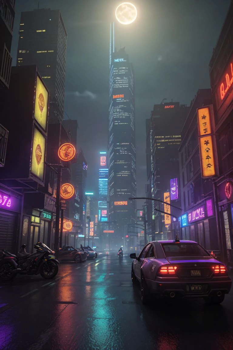 a (cyberpunk city street) with tall buildings with (rgb lights, cooling pipes and fans and screen billboards), (parked cars and trash, flying machines in the sky) BREAK
in a modern and dark city at (night time with a bright moon in the sky) BREAK
lens flare, dutch angle, dolly zoom, volumetric lights,  intrincate details, sharp focus