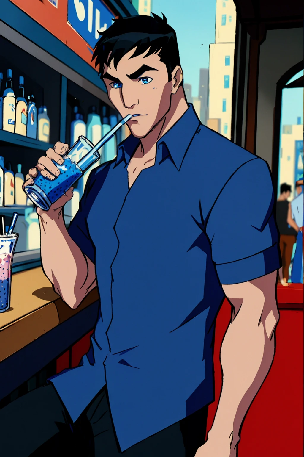 masterpiece ,best quality, Bruce_Wayne,1boy,solo,black hair,blue eyes,blue shirt,male focus,drinking,milkshake