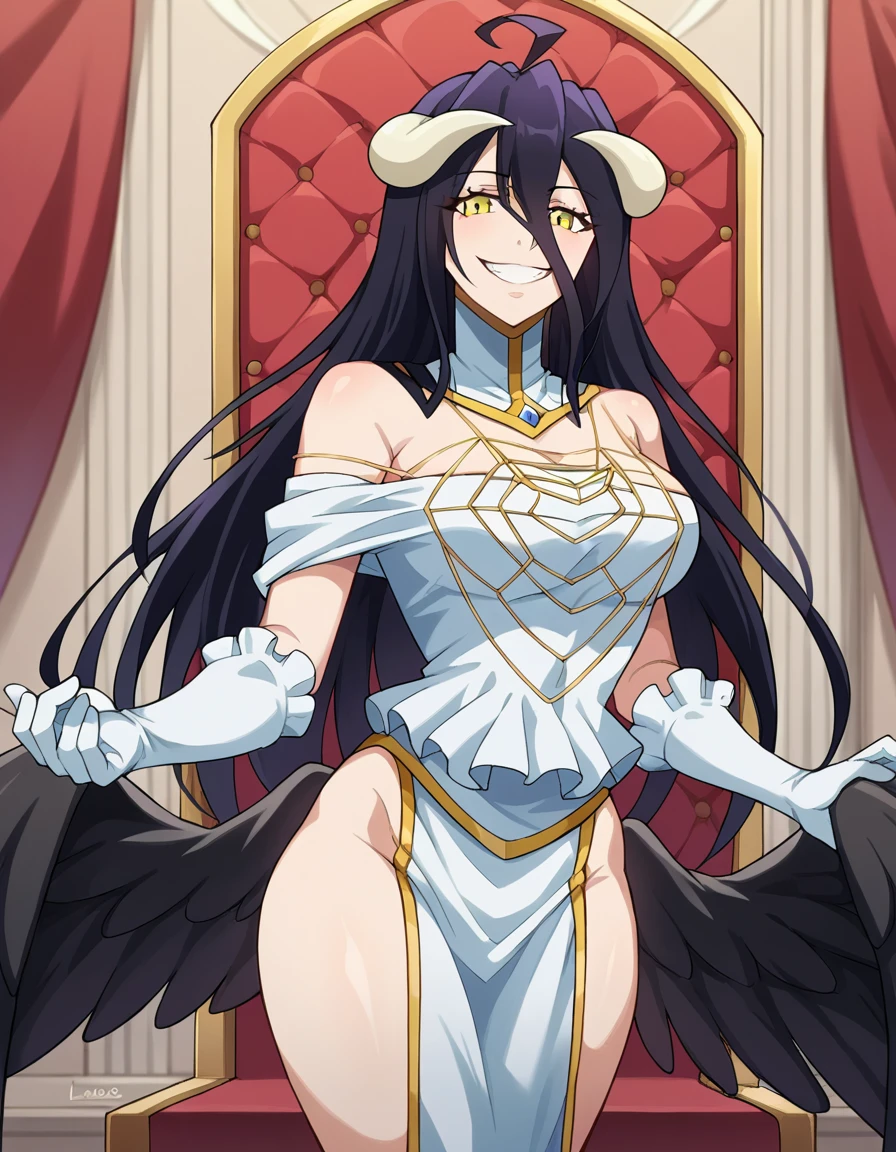 score_9, score_8_up, score_7_up, source_anime,
overlordalbedo, <lora:overlord-albedo-ponyxl-lora-nochekaiser:1>,
albedo, ahoge, black hair, horns, long hair, yellow eyes, evil smile, evil grin,
bare hips, bare shoulders, black wings, detached collar, elbow gloves, feathered wings, gloves, gold trim, high collar, hip vent, jewelry, low wings, white gloves, wings,
indoors, throne, throne room,
looking at viewer, cowboy shot, dutch angle,