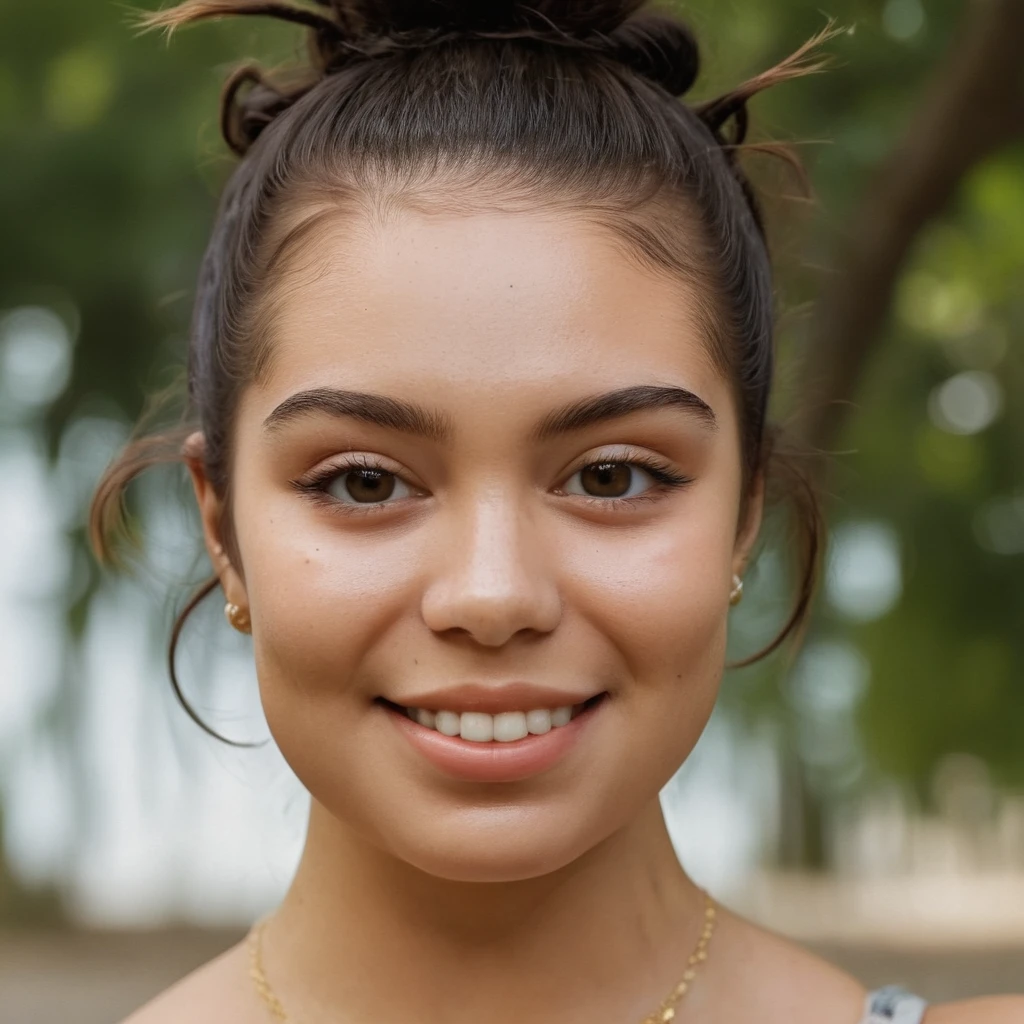 Skin texture, no makeup, Super high res closeup portrait photo of a stunning woman outdoors with her hair in one messy bun,summer vibes,f /2.8, Canon, 85mm,cinematic, high quality,looking at the viewer, <lora:aulicravalho_xl_1_standard_wo_cap-000059:1>, smiling