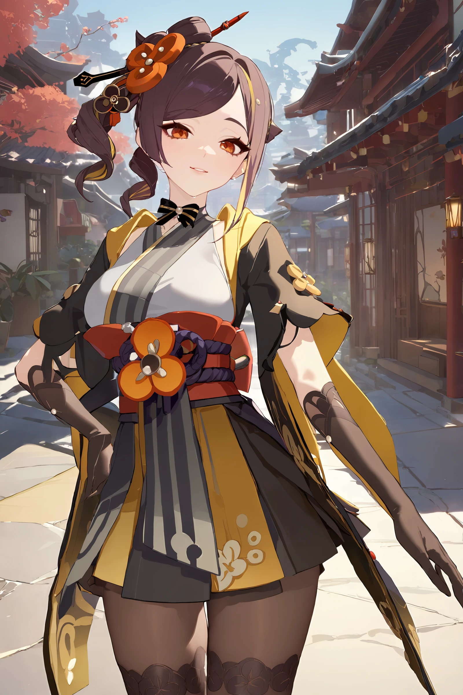 masterpiece, best quality, perfect features, intricate details, ray tracing, newest,(hitenkei, askzy:0.4), 1girl, chiori \(genshin impact\), solo, elbow gloves, hair ornament, short kimono, print pantyhose, sash, wide sleeves, ribbon choker, cowboy shot, standing, looking at viewer, light smile, street, east asian architecture, outdoors, depth of field <lora:Char-Genshin-Chiori-XL-V1:0.9> <lora:quality1:0:hr=1>