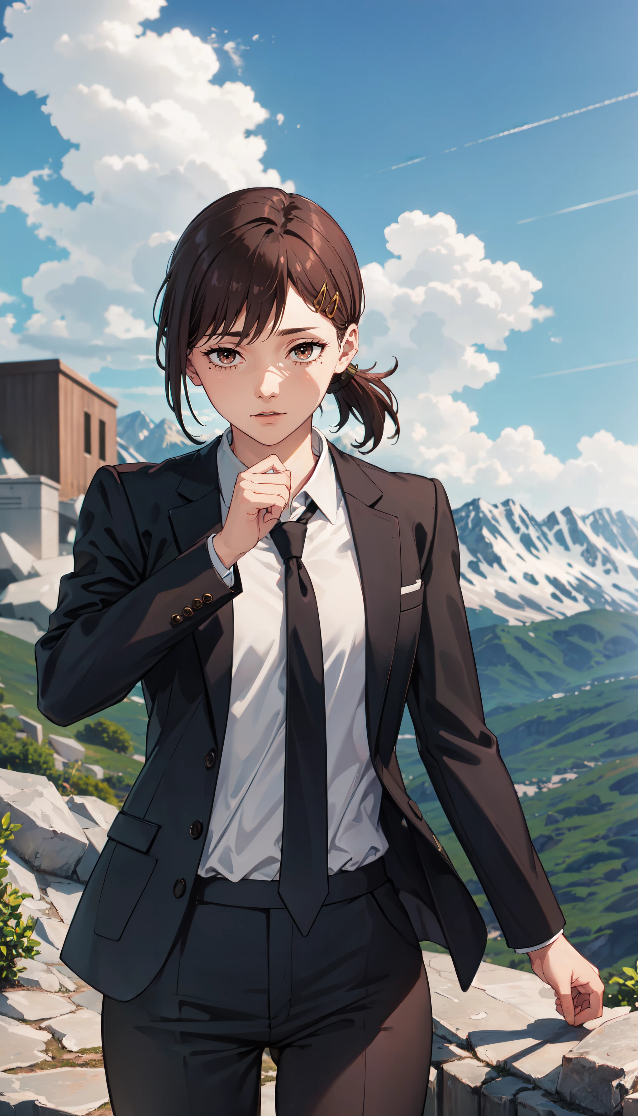 photorealistic, (4k), depth of field, (Masterpiece), (realistic skin texture), extremely detailed, intricate, hyper detailed, professional photography, bokeh, high resolution, sharp detail, best quality, girl, brown hair, ponytail, hairclip, brown eyes, suit, necktie, white collared shirt, suit pants, <lora:GoodHands-vanilla:0.4>, <lora:detail_slider_v4:0.8> , dynamic pose, (body bridge), <lora:Kobeni Higashiyama-000004:0.7>, (mountaintop:1.5), clouds, horizon,