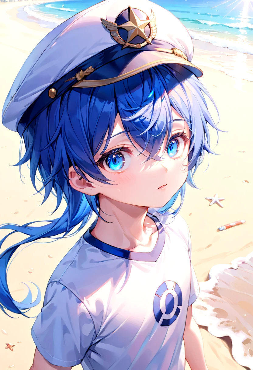 <lora:aoi-SDXL-v1:0.6>,1boy, aoi, blue hair,  masterpiece, ultra detail, beach, blue eyes, cute shirt, captain cap,
(masterpiece:1.2), best quality, high resolution, unity 8k wallpaper, (illustration:0.8), (beautiful detailed eyes:1.6), extremely detailed face, perfect lighting, extremely detailed CG, (perfect anatomy),