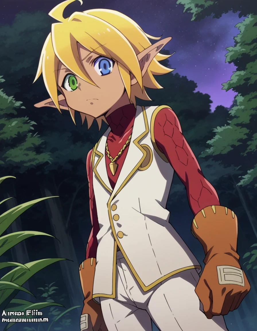 score_9, score_8_up, score_7_up, source_anime,
aurabellafiora, <lora:aura-bella-fiore-ponyxl-lora-nochekaiser:1>,
aura bella fiora, short hair, blue eyes, blonde hair, hair between eyes, green eyes, ahoge, pointy ears, dark skin, heterochromia, elf, dark elf,
gloves, jewelry, necklace, vest, white vest, pants, white pants,
outdoors, night, night sky, forest, nature,
looking at viewer, cowboy shot, dutch angle,