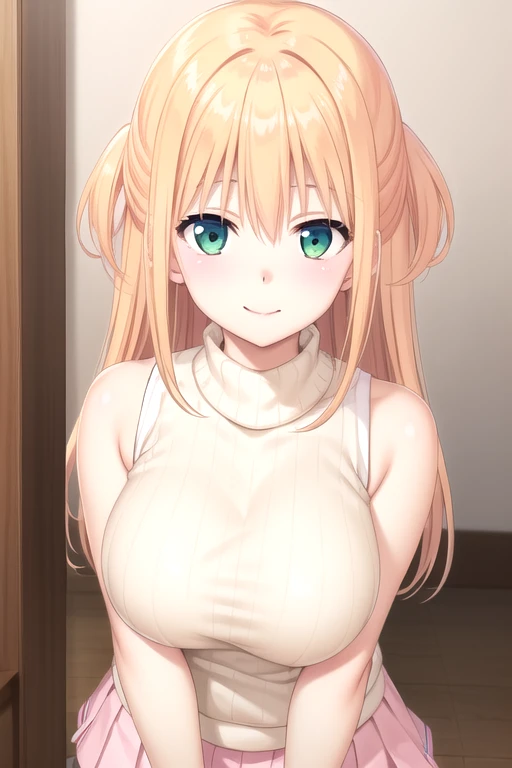 ((masterpiece)),(best quality),official art,extremely detailed CG,unity 8k wallpaper,ultra detailed,beautiful detailed eyes,extremely detailed face,indoors,1girl,solo,upper body,(portrait:1.5),looking at viewer,facing viewer,smile,Amano Yuzuki,long hair,blonde hair,half updo,hair intakes,hair between eyes,bangs,green eyes,bare shoulders,ribbed sweater,sleeveless turtleneck,sweater vest,beige sweater,large breasts,pink skirt,pleated skirt,zettai ryouiki,white thighhighs,sneakers,<lora:Amano Yuzuki(nnds)>,