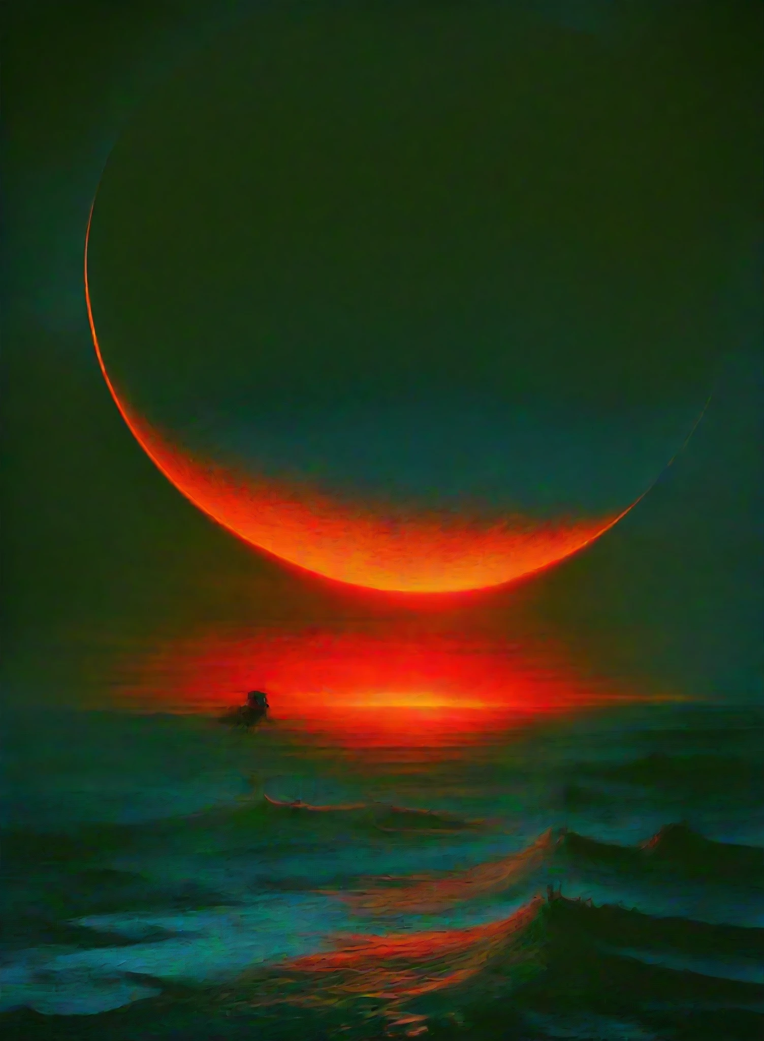 eclipse,outdoors,sky,cloud,water,no humans,ocean,scenery,sunset,sun,horizon,planet,red sky
, <lora:Eclipse:1>
