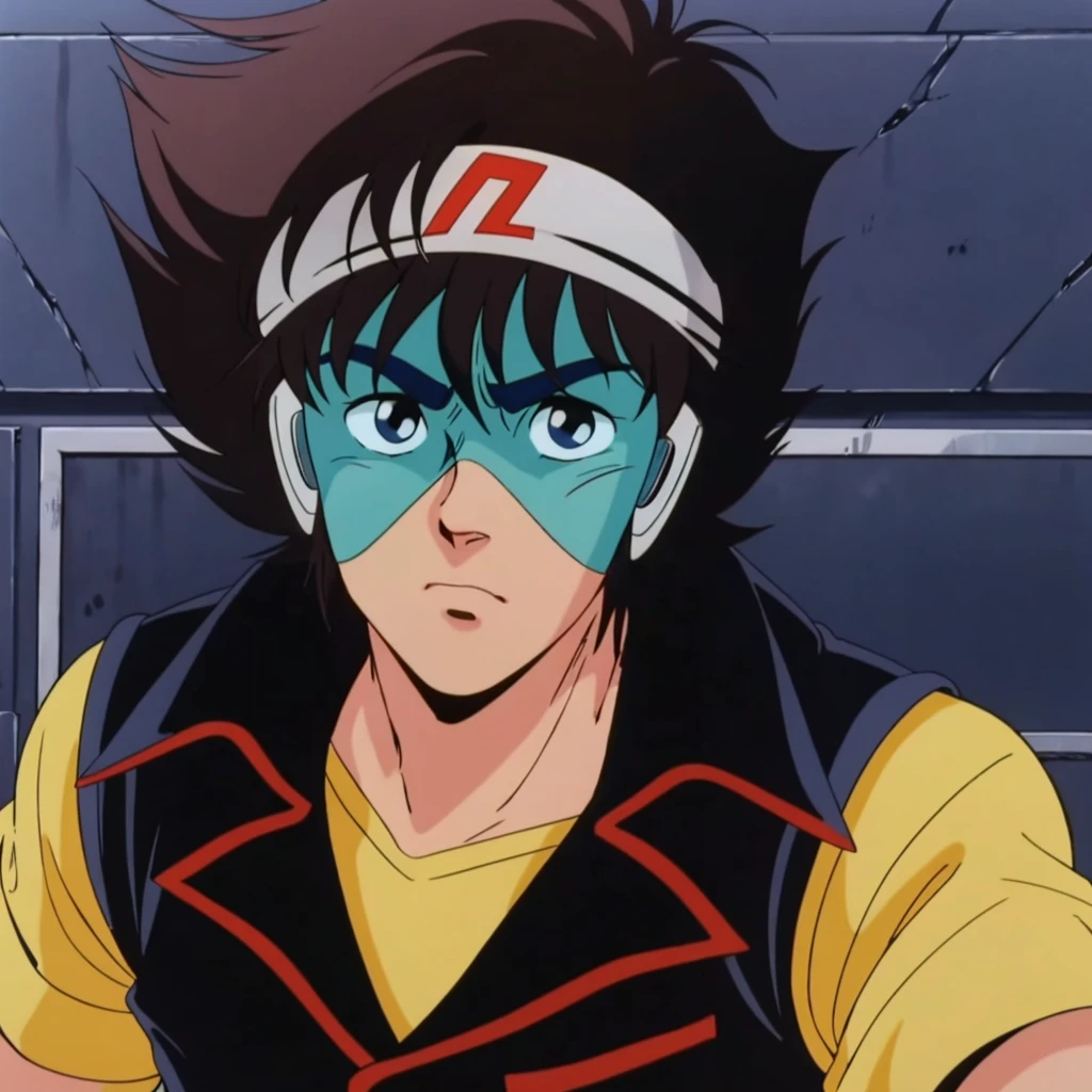 <lora:MZ1YahagiShogo002:0.7>,
MZ1YahagiShogo,1boy,retro artstyle,1980s (style),
goggles,head band,
short -sleeved shirt,black vest,serious,