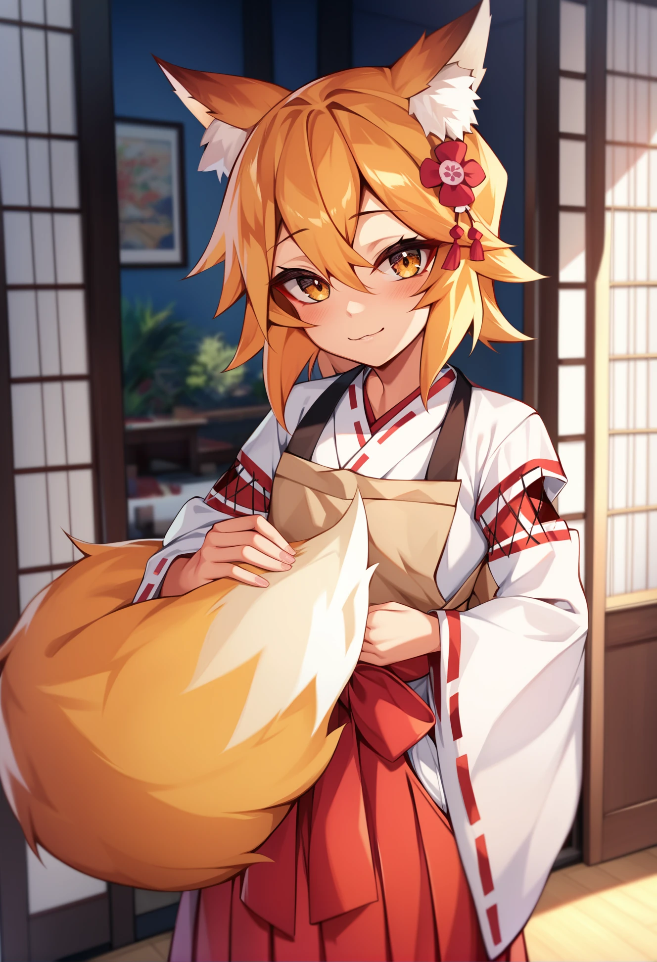 best quality, masterpiece, score_9, score_8_up, (bold line:0.8),
1girl, senko \(sewayaki kitsune no senko-san\), blonde hair, flat chest, fox ears, fox tail, hair flower, miko, red hakama, waist bow, brown apron, long sleeves, looking at viewer, holding own tail,
indoors, living room interior