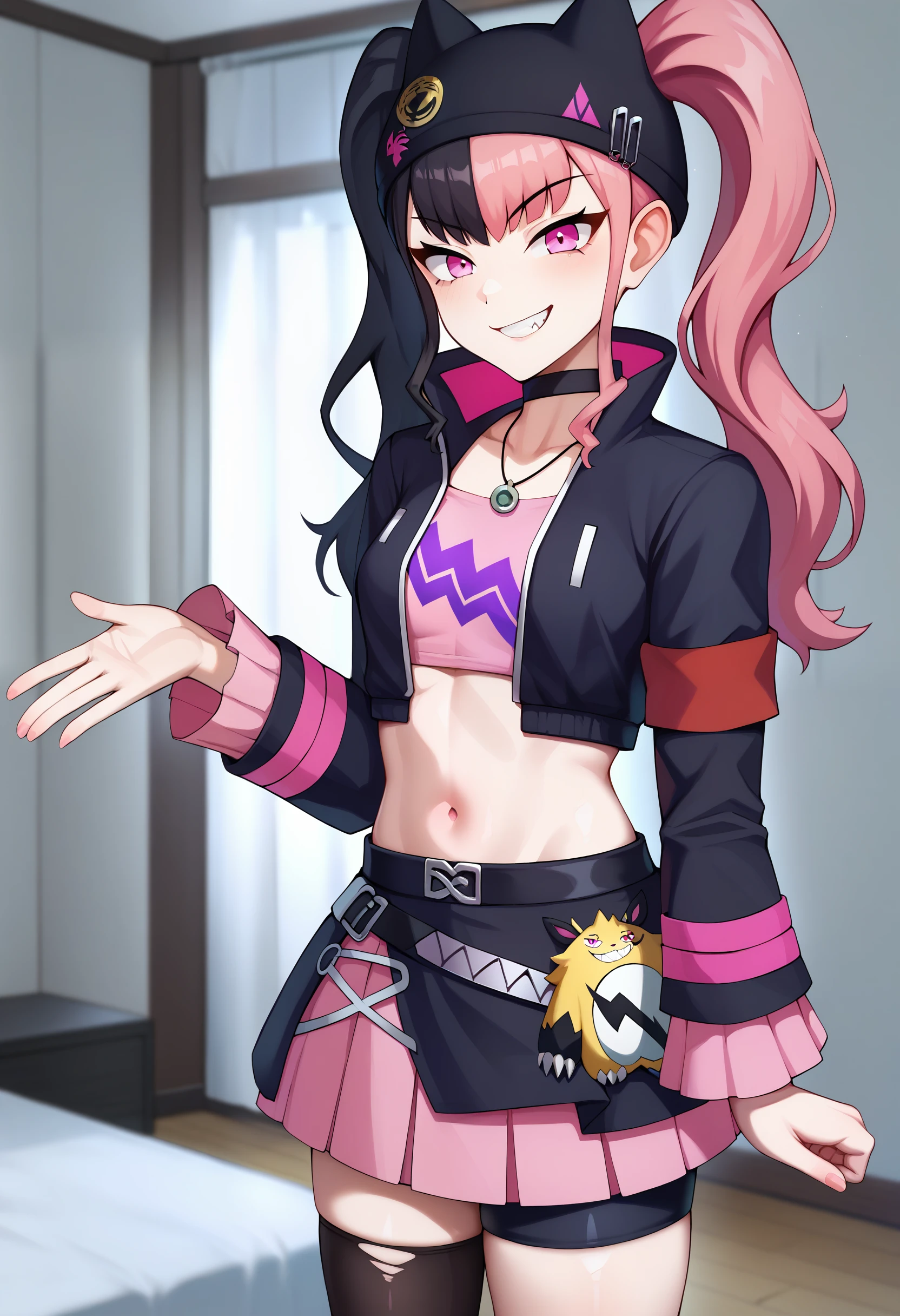 score_9, zoe_rayne, 1girl, solo, pink eyes, asymmetrical legwear, jewelry, twintails, multicolored hair, pink hair, black hair, black jacket, looking at viewer, two-tone hair, skirt, bike shorts, choker, hat, long hair, midriff, small breasts, indoors, smirk <lora:Palworld-Zoe_Rayne:0.8>