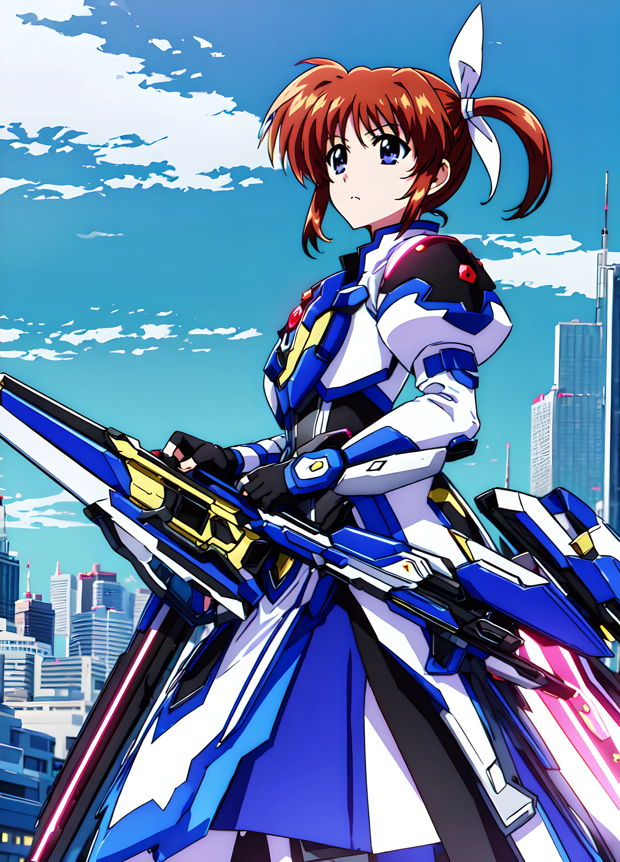 <lora:nanoha:0.8>,nanoha,1girl,super fine illustration,masterpiece,best quality,solo,gloves,armor,dress,puffy sleeves,long sleeves,blue Hand armor,black gloves,fingerless gloves,weapon,cityscape,