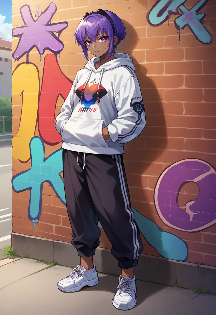 score_9, score_8_up, source_anime, HassanOfSerenity, dark-skinned female, purple hair, purple eyes, short hair, black hairband, urban and street style, graffiti-inspired colors, cool and edgy attire, sweatpants, hoodie, stylish sneakers, fashionable accessories, hip hop jewelry, confident expression, graffiti walls, energetic and vibrant atmosphere, <lora:ChamHassanOfSerenityPonyXL:1>