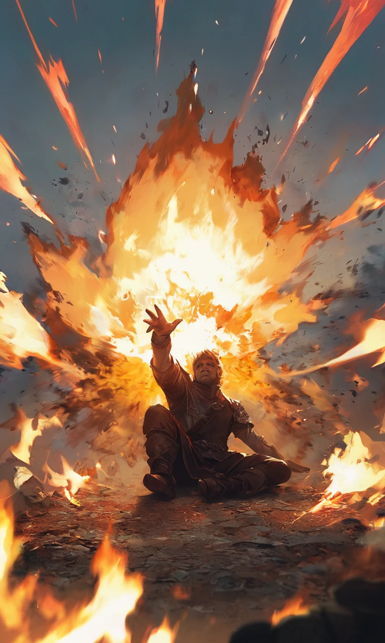 score_9, score_8_up, score_7_up, BREAK, gwentstyle, a man sitting on the ground in front of a fire, explosion, (dark fantasy:1.2), soft light, <lora:GwentStyle_v2:0.85>