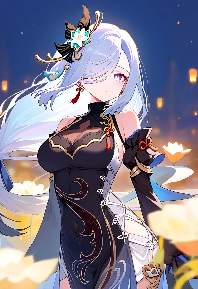 score_9,score_8_up,score_7_up, shenhe_(frostflower_dew)_(genshin_impact), shenhe_(genshin_impact), highres, black_dress, detached_sleeves, 1girl, official_alternate_costume, bare_shoulders, sleeveless_dress, hair_ornament, very_long_hair, white_hair, large_breasts