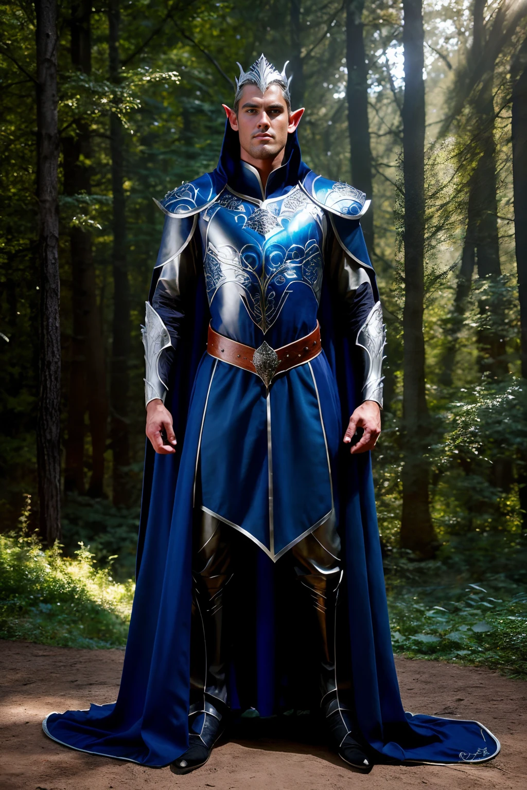 (full body), photo of JohnnyB, realism, forest background, dynamic pose, wearing intricate (royal blue and silver) armor, breastplate, belt, embroidered cloak, elar, <lora:JohnnyB:0.8> , silver and sapphire elvish crown, heroic posing, relaxed natural expression, elar, <lora:ElvenArmor-10:0.65>, professional light, cinematic lighting, ambient lighting, <lora:add_detail:0.3>